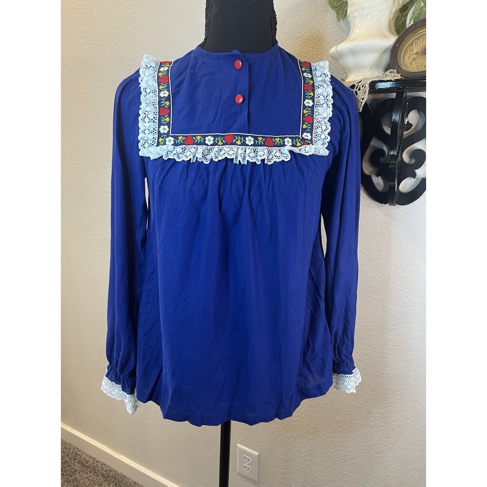 Jennifer Dale Vintage 60s 70s Blue Peasant Hippie Ribbon Ruffle Lace Blouse Sz 7